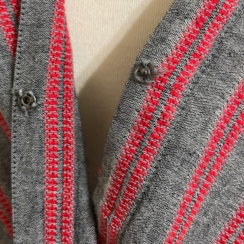 MADEWELL Gray and Red Striped Wrap Front Balloon Sleeve Peplum Hem Top - Picture 8 of 12